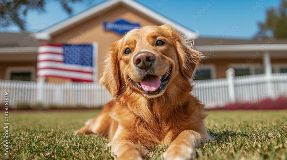 A patriotic Golden Retriever lying on the grass, an American flag waving behind a charming white picket-fence home. A patriotic Golden Retriever lying on the grass, an American flag waving behind a charming white picket-fence home.