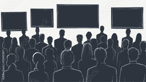 The image shows a large group of people depicted as dark grey silhouettes, viewed from behind. They are facing a series of blank rectangular screens or monitors of varying sizes positioned