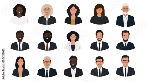 The image contains twenty individual headshots arranged in a grid pattern against a white background.  Each headshot is a simple, vector illustration in a flat design style, depicting a