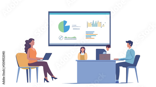 The image is a vector illustration depicting a business meeting. Four stylized individuals are seated around a desk and in chairs, facing a large screen displaying various charts and