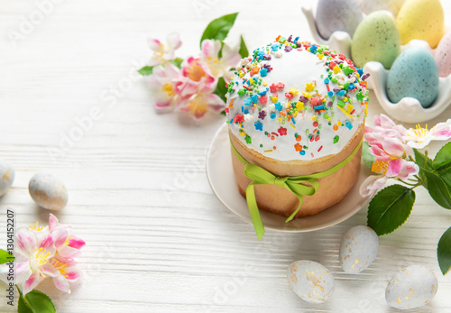 Delicious easter cakes decorated with colorful sprinkles and eggs on white table