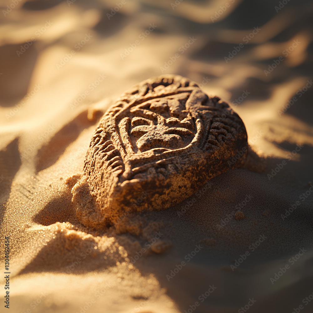 A close-up of an ancient artifact half buried in fine sand, revealing only the exquisite details of its construction. Sunshine. The background is blurred, with hints of the excavation site
A close-up of an ancient artifact half buried in fine sand, revealing only the exquisite details of its construction. Sunshine. The background is blurred, with hints of the excavation site