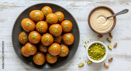 Turkish Lokma - Golden Fried Dough Balls - Crunchy, bite-sized lokma balls soaked in fragrant syrup, piled high on a plate and sprinkled with pistachios. A small bowl of tahini sauce sits beside them