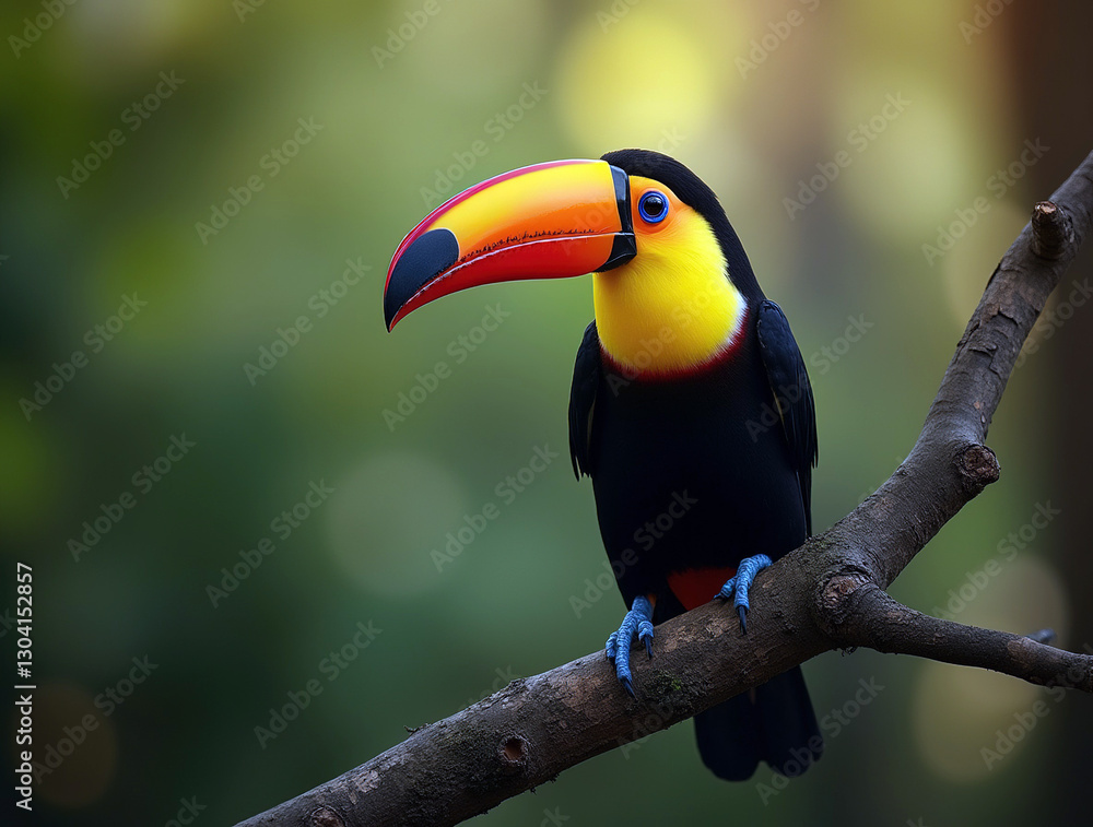 Fototapeta premium Toucan sitting on the branch in the forest. Nature travel in central America. Keel-billed Toucan, Ramphastos. Wildlife