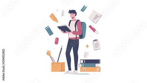 A vector illustration depicting a young man, possibly a student, standing against a white background. He is carrying a backpack and holding a notebook.  He is surrounded by floating school