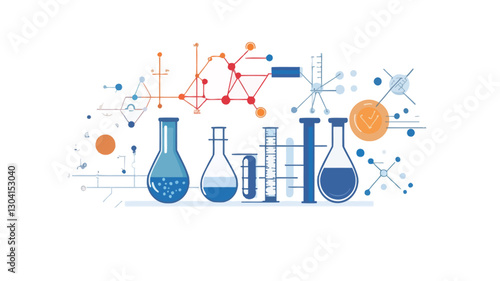 The image is a stylized illustration depicting various pieces of scientific laboratory glassware, including beakers, flasks, and graduated cylinders, filled with blue liquid. These are