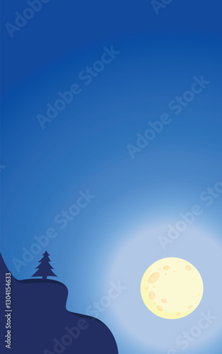 Beautiful landscape with night sky and bright huge moon. Lonely fir tree standing on the mountain.