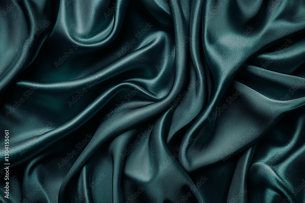 Fototapeta premium Elegant Teal Green Satin Fabric with Glossy Silk Texture – Draped Smooth Cloth for Upholstery, Fashion, and Decorative Wallpaper Patterns