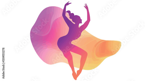 The image is a stylized illustration featuring a silhouette of a female dancer in a dynamic pose.  The dancer is depicted in shades of purple, with arms outstretched. The background is an