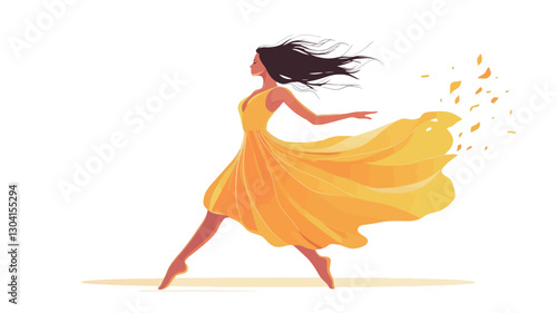Digital illustration of a woman with long dark hair, wearing a flowing yellow dress.  Her hair and dress appear to be moving in the wind.  Small, yellow and white leaves are scattered