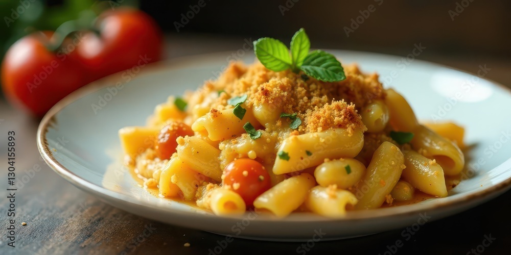 Creamy Pasta Bake with Breadcrumb Topping and Burst Cherry Tomatoes on a Plate Creamy Pasta Bake with Breadcrumb Topping and Burst Cherry Tomatoes on a Plate
