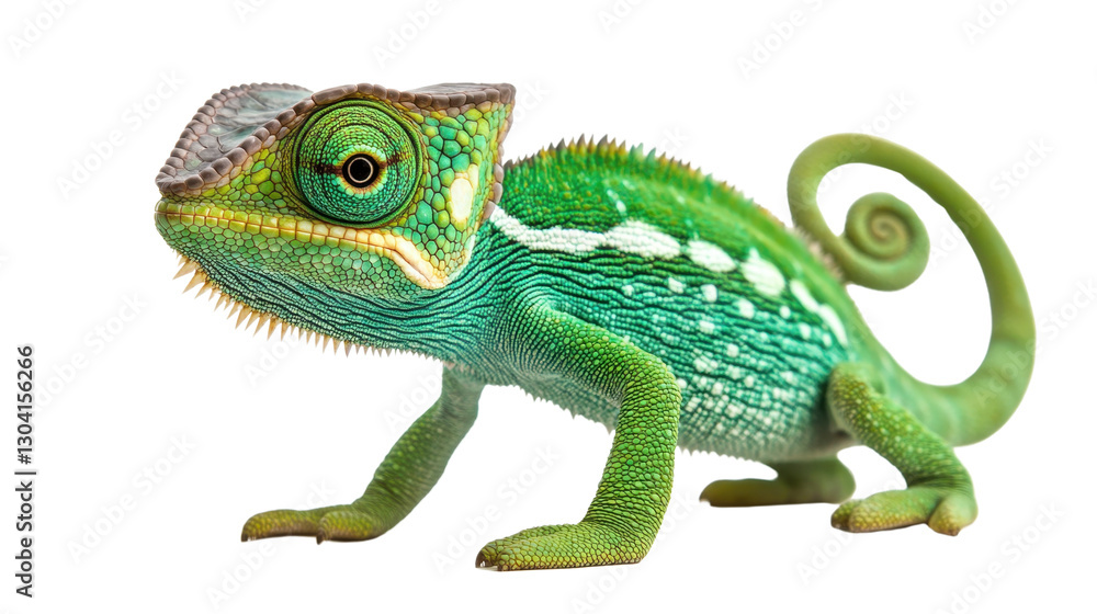 Fototapeta premium Colorful chameleon on white background, showcasing its vibrant scales and unique eyes