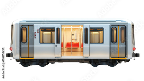 Red train isolated on a white background with a simple, urban transportation theme photo