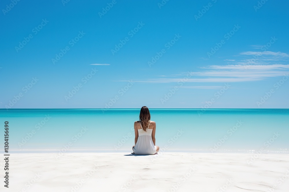 A woman in white summer clothes sits, viewed from the back, in the lotus position on the ocean shore and meditates while looking into the distance. White sandy beach, blue sky with light clouds. A woman in white summer clothes sits, viewed from the back, in the lotus position on the ocean shore and meditates while looking into the distance. White sandy beach, blue sky with light clouds.