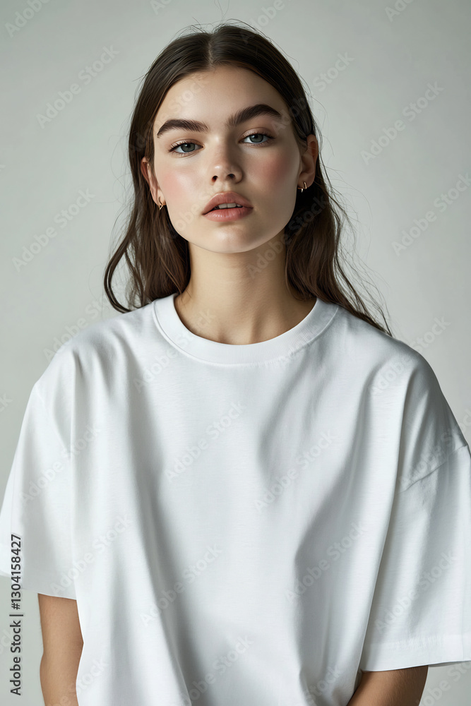 Minimalist white T-shirt mockup worn by a model against a neutral background. Perfect for apparel branding, fashion design, and ecommerce presentations. High-resolution and editable Minimalist white T-shirt mockup worn by a model against a neutral background. Perfect for apparel branding, fashion design, and ecommerce presentations. High-resolution and editable