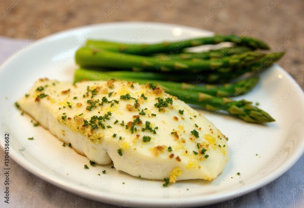 Baked white fish with asparagus on a white plate Baked white fish with asparagus on a white plate
