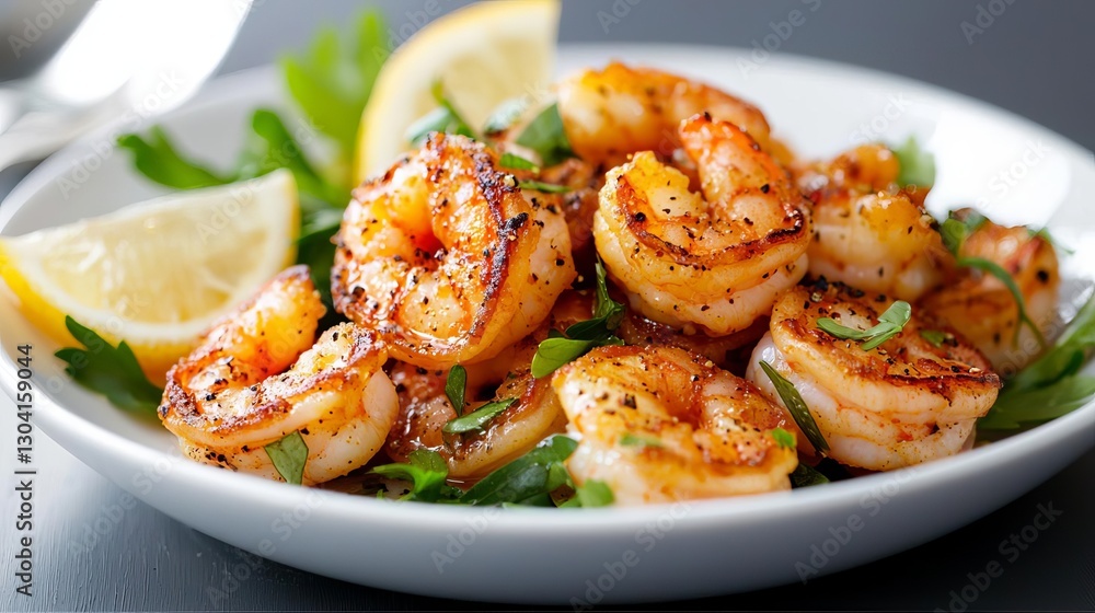 Delicious grilled shrimp with lemon and fresh herbs served on a white plate.