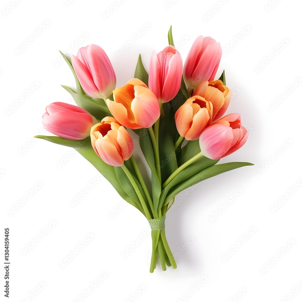 Bouquet of Vibrant Pink and Orange Tulips on White Background Bouquet of Vibrant Pink and Orange Tulips on White Background
