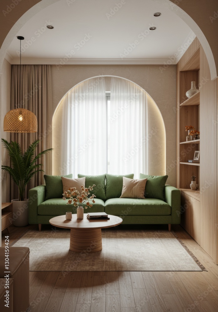 Fototapeta premium Elegant Minimalist Living Room with a Green Sofa