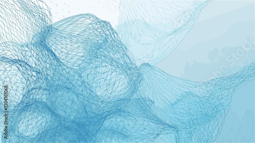The image shows an abstract representation of a blue mesh or net. The mesh is translucent, with variations in density and opacity, creating a sense of depth and movement.  The colors are