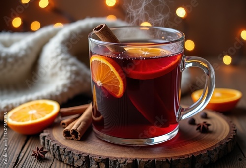 Hot mulled wine with oranges, cinnamon, and spices