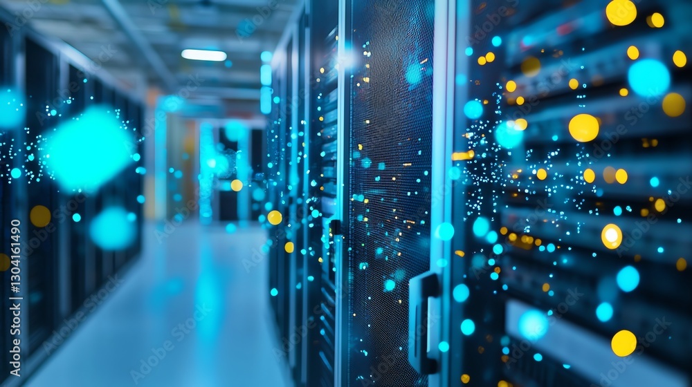 A detailed view of a modern data center showcasing servers, racks, and advanced tech. Perfect for IT, cloud computing, and digital transformation visuals A detailed view of a modern data center showcasing servers, racks, and advanced tech. Perfect for IT, cloud computing, and digital transformation visuals