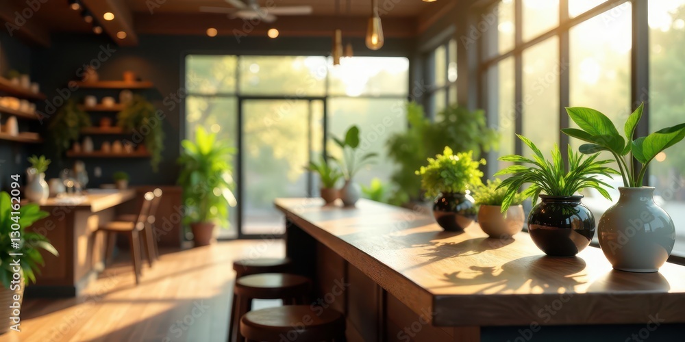 Fototapeta premium Sunlit Interior with Wooden Counter and Lush Greenery