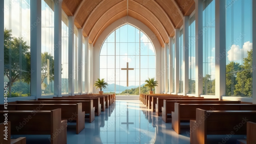Fototapeta premium Serene Sanctuary A Modern Chapel Design with Expansive Glass Windows and Natural Light Illuminating Wooden Pews