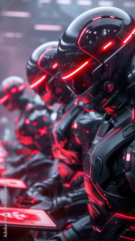 Futuristic robotic soldiers with red neon highlights in line formation Futuristic robotic soldiers with red neon highlights in line formation