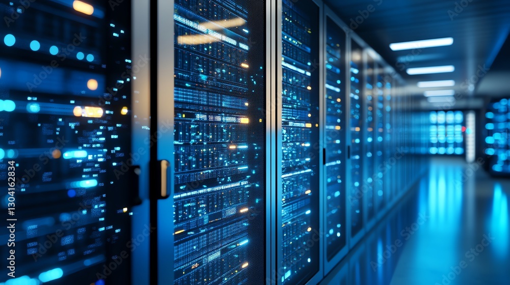 A detailed view of a modern data center showcasing servers, racks, and advanced tech. Perfect for IT, cloud computing, and digital transformation visuals A detailed view of a modern data center showcasing servers, racks, and advanced tech. Perfect for IT, cloud computing, and digital transformation visuals