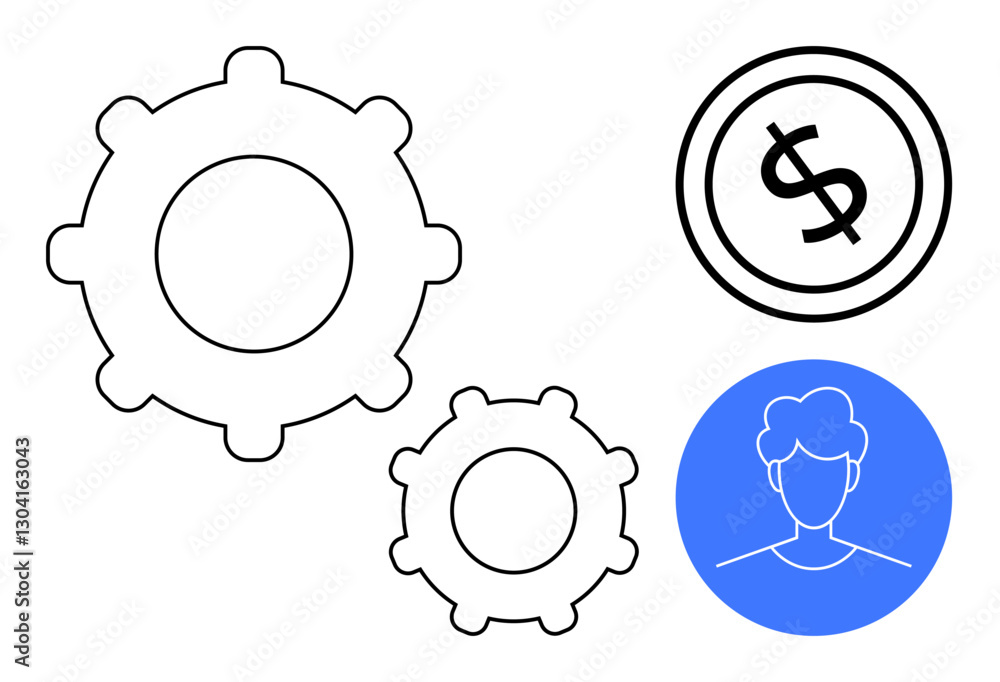Gear mechanism, dollar icon, and user profile outline highlight themes of teamwork, innovation, and financial success. Ideal for business, finance, teamwork, process optimization user focus Gear mechanism, dollar icon, and user profile outline highlight themes of teamwork, innovation, and financial success. Ideal for business, finance, teamwork, process optimization user focus