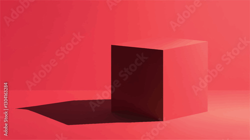 The image shows a single, dark red cube positioned slightly off-center on a matching red background.  The cube casts a distinct shadow to the lower left, indicating a light source from