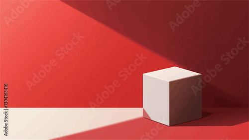 The image shows a simple, clean composition. A white, cube-shaped object is positioned on a red surface.  The background is a solid red wall, with a diagonal shadow cast across both the