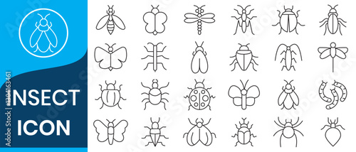 Insects icon set. Insects icons High-Quality Vector Icons Collection with Editable Stroke. Containing ant, bee, mosquito, bug, fly, spider, butterfly, ladybug and more. Solid and outline vector icons 