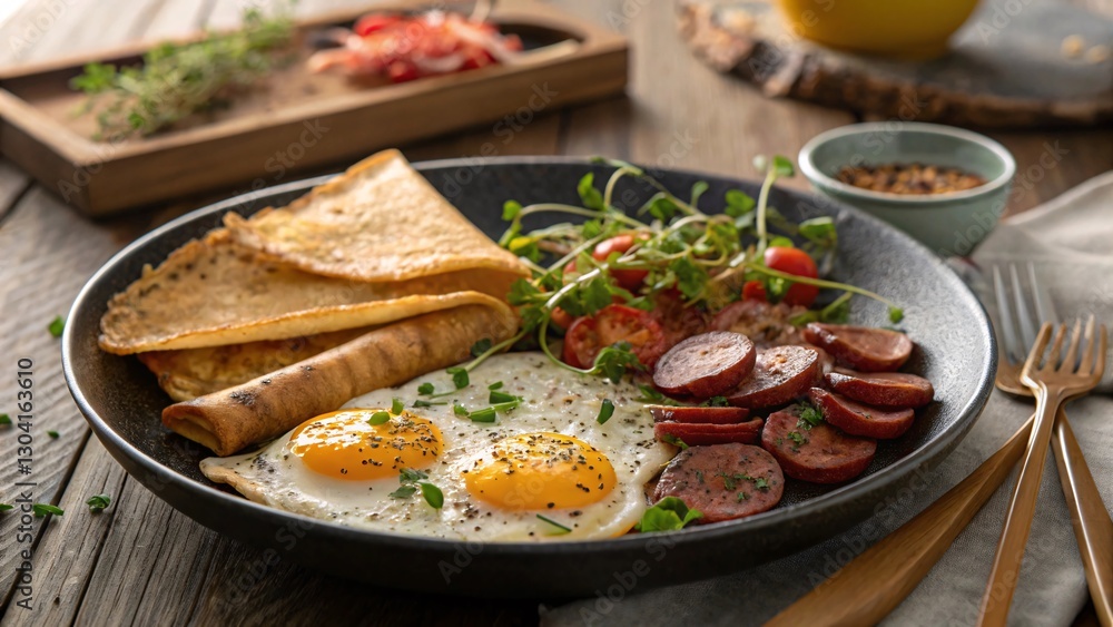 Gourmet Breakfast Plate with Sunny Side Up Eggs and Sausages V4 Gourmet Breakfast Plate with Sunny Side Up Eggs and Sausages V4