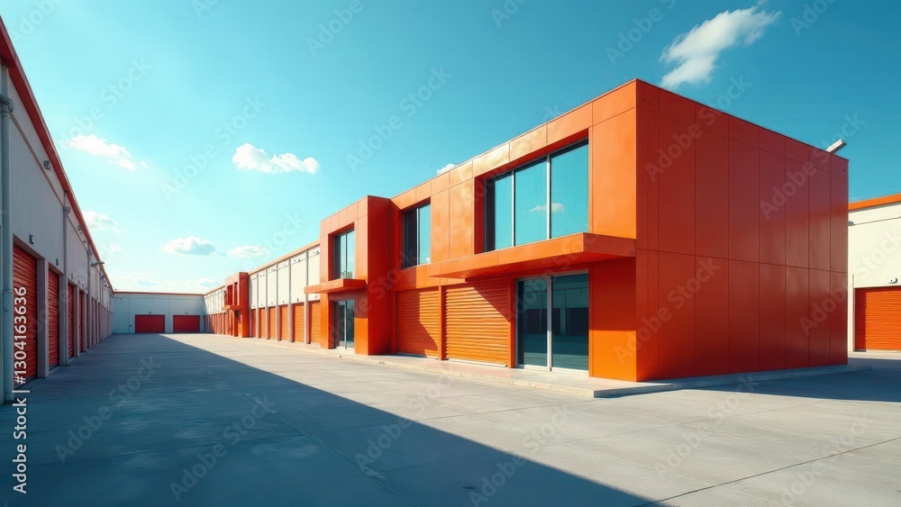 Fototapeta premium Modern Architectural Design of a Vibrant Orange Storage Facility Complex with Clean Lines and Ample Space