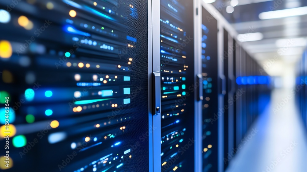 A detailed view of a modern data center showcasing servers, racks, and advanced tech. Perfect for IT, cloud computing, and digital transformation visuals A detailed view of a modern data center showcasing servers, racks, and advanced tech. Perfect for IT, cloud computing, and digital transformation visuals