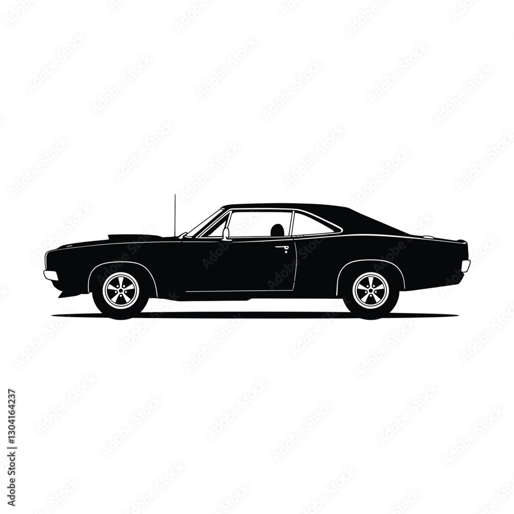 1960s Classic Muscle Car Silhouette Side View - Black and White Vector 1960s Classic Muscle Car Silhouette Side View - Black and White Vector
