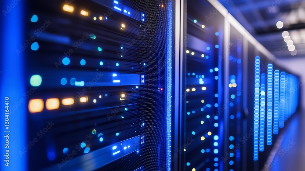 A detailed view of a modern data center showcasing servers, racks, and advanced tech. Perfect for IT, cloud computing, and digital transformation visuals A detailed view of a modern data center showcasing servers, racks, and advanced tech. Perfect for IT, cloud computing, and digital transformation visuals