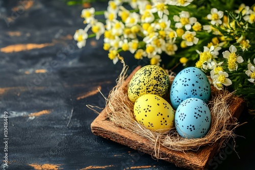 Easter Eggs in a Nest with Flowers