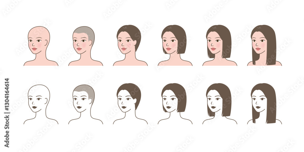 Changes in hair length_bald head, short, medium(middle), long hair_45 degree angle