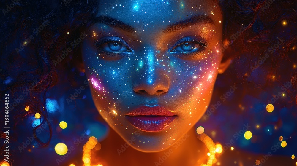 Ethereal beauty: woman with celestial face art and cosmic bokeh lights Ethereal beauty: woman with celestial face art and cosmic bokeh lights