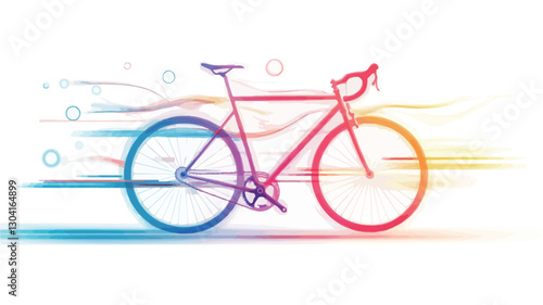 A stylized illustration of a road bicycle depicted in a vibrant rainbow gradient. The bicycle is presented in profile view against a white background.  Abstract motion lines in blue, teal,