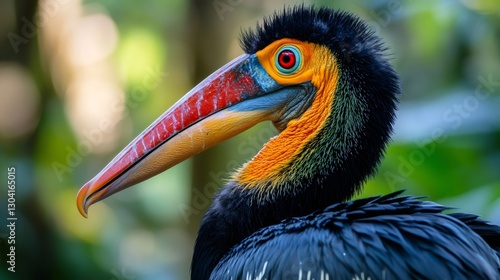 Colorful rufous necked hornbill showing its wonderful beak and plumage photo