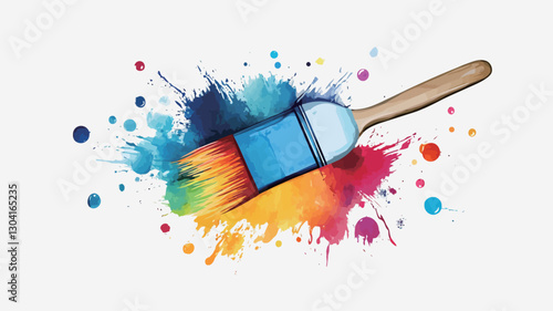 A digital illustration of a paintbrush with a wooden handle and blue bristles, positioned centrally against a white background.  The brush is surrounded by a dynamic splatter of bright,