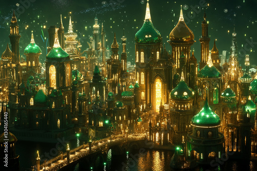 Obraz na płótnie Majestic Medieval Emerald City – Towering Spires, Crystal Bridges, and Enchanted Forests with Magical Creatures w salonie