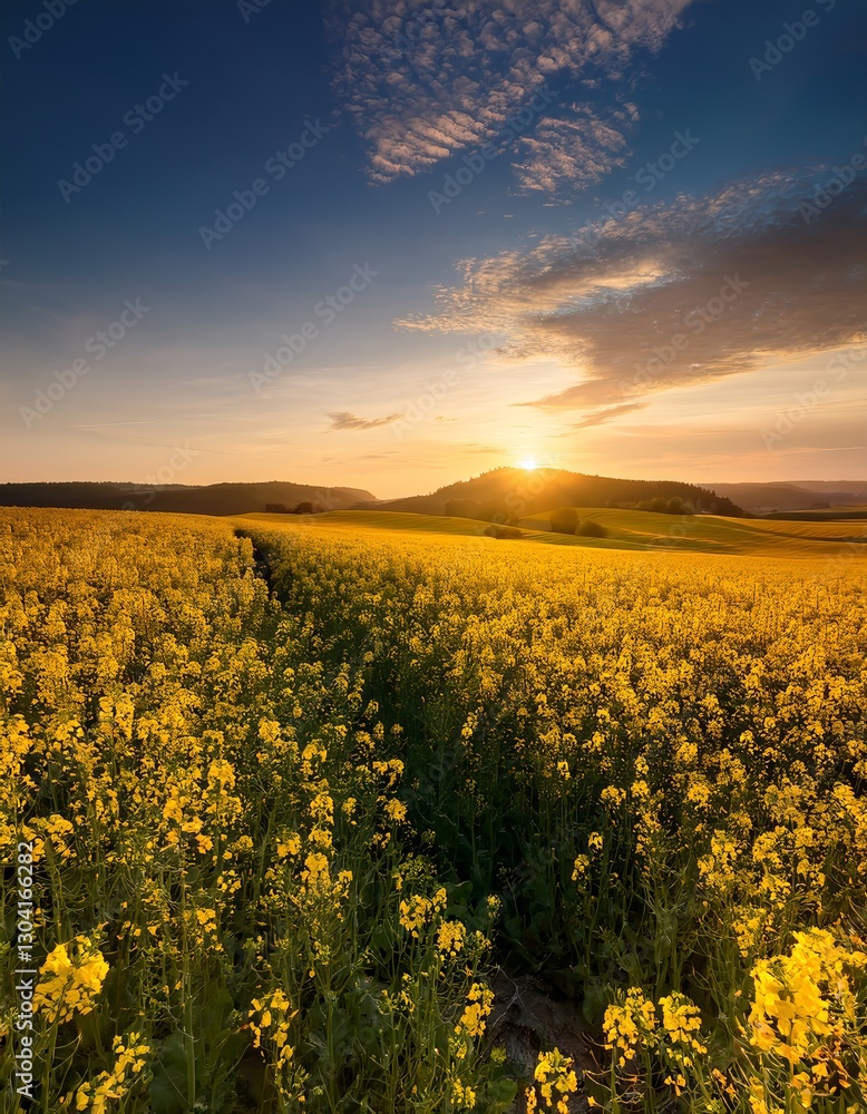 Fototapeta premium Expansive field of blooming yellow flowers under a vibrant sunset sky in a serene landscape