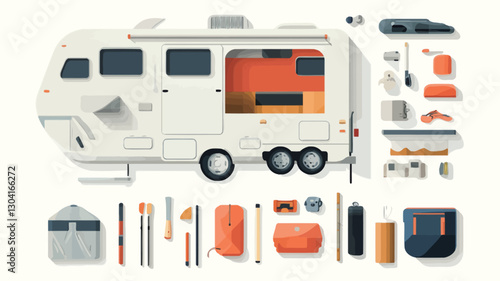 A digital illustration depicting a white campervan in an exploded view, showcasing its interior and an array of camping gear and equipment surrounding it. The illustration is rendered in a