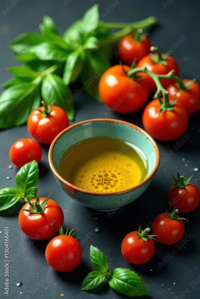 Aromatic Fresh Basil and Ripe Tomatoes Arranged Around a Bowl of Golden Oil Aromatic Fresh Basil and Ripe Tomatoes Arranged Around a Bowl of Golden Oil