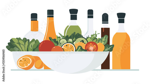 A digital illustration depicting a white bowl filled with a fresh salad of various vegetables and fruits, including lettuce, tomato, and citrus fruits.  Surrounding the bowl are several